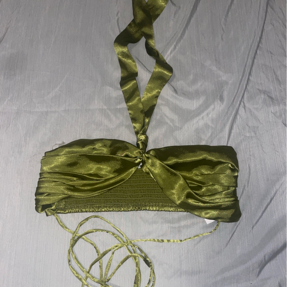 Oh Polly Olive Green Shirred Bandeau Top with Tie Detail